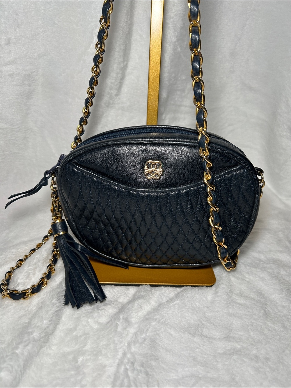 416. Vintage Bally Quilted Blue Leather Oval Crossbody with Gold Chain